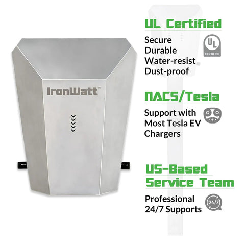 Tough As Nails 304 Stainless Steel EV Charger Enclosure for outdoor use, secured against elements, UL Certified, sleek design.