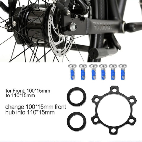 Disc Brake Adapter For Front 100x15 To 110x15 And Rear 142x12 To 148x12 Alloy CNC Machined Hub Conversion kit with components displayed.