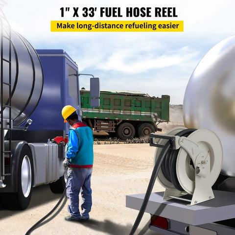 Heavy Duty 50 Ft Retractable Fuel Hose Reel With Auto Refueling Gun For Diesel And Gasoline Transfer, man refueling truck.