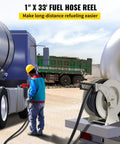 Heavy Duty Retractable Fuel And Water Hose Reel With Automatic Refueling Gun used for long-distance refueling with a 33-foot hose.