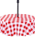 Round 60 Inch Outdoor Tablecloth With Umbrella Hole And Zipper, Red And White Gingham, Spill Proof And Washable, Easy Clean