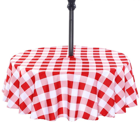 Round 60 Inch Outdoor Tablecloth With Umbrella Hole And Zipper, Red And White Gingham, Spill Proof And Washable, Easy Clean