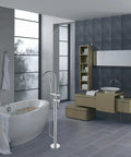 Modern Freestanding Bathtub Faucet Set With Floor Mounted Clawfoot Tub Mixer And Hand Sprayer Chrome Finish beside bathtub
