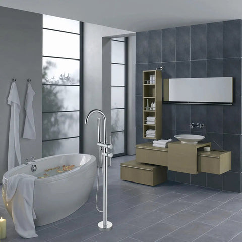 Modern Freestanding Bathtub Faucet Set With Floor Mounted Clawfoot Tub Mixer And Hand Sprayer Chrome Finish beside bathtub