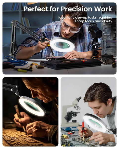 Hands Free Desk Magnifier With Light And Clamp, Grab And Go Ready, 10X Real Glass Lens in use for electronics and crafts.