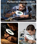 Three professionals use a 10X Magnifying Glass With Light And Stand For Close Work Reading Crafts Jewelry Sewing Soldering Desk Lamp.