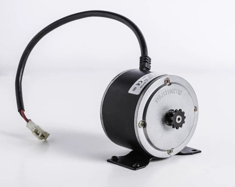 24 Volt 500W XYD-6B2 Electric Motor For Razor Crazy Cart Upgrade And Go Kart Builds with 11-tooth sprocket visible on a white background.