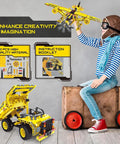 Child playing with 2-In-1 Dump Truck And Propeller Plane Build Kit For Kids Aged 5 To 12, 361+ Pcs DIY STEM Construction Toy, Learn Engineering While You Build, Hands-On Creative Kit For Boys And Girls, The Ultimate Kid-Favorite Gift.