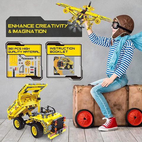 Child playing with 2-In-1 Dump Truck And Propeller Plane Build Kit For Kids Aged 5 To 12, 361+ Pcs DIY STEM Construction Toy, Learn Engineering While You Build, Hands-On Creative Kit For Boys And Girls, The Ultimate Kid-Favorite Gift.