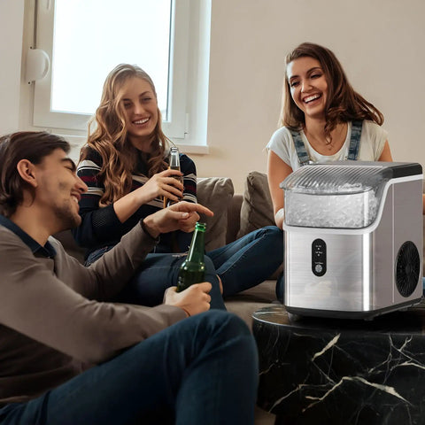 Three friends enjoying drinks next to Countertop Nugget Ice Maker With Chewable Pellet Ice 34 Lbs Per 24 Hours Self Cleaning
