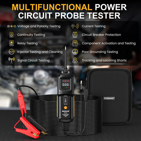 Multifunctional Power Circuit Probe Tester for auto electrical systems 6V-40V DC with kit and features displayed.