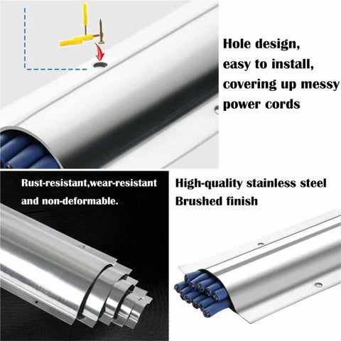 Long Stainless Steel Cord Cover Kit For Office Desks No Brainer Cable Management 79 Inch Half Round Metal Raceway in use