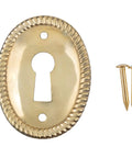 Vertical Oval Stamped Brass Keyhole Cover With Slick Retro Vibes, 1 By 1 1/2 Inch Cabinet Drawer Escutcheon Plate For Desks with two tough pins.