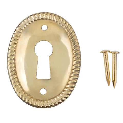 Vertical Oval Stamped Brass Keyhole Cover With Slick Retro Vibes, 1 By 1 1/2 Inch Cabinet Drawer Escutcheon Plate For Desks with two tough pins.