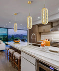 Gold Modern Crystal Pendant Light For Kitchen Island And Dining Room, elegant two-circle design with warm LED glow in modern kitchen