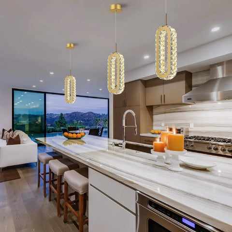 Gold Modern Crystal Pendant Light For Kitchen Island And Dining Room, elegant two-circle design with warm LED glow in modern kitchen