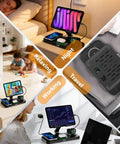 6 In 1 Wireless Charging Station For Apple Devices With Foldable Stand Clock Display And 7 Color Ambient Lights Black in various settings.