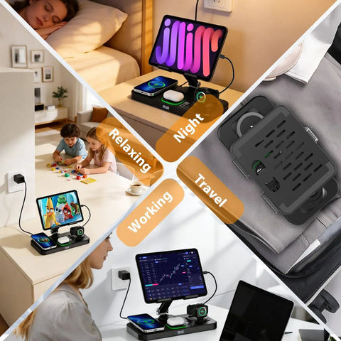 6 In 1 Wireless Charging Station For Apple Devices With Foldable Stand Clock Display And 7 Color Ambient Lights Black in various settings.