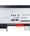 Front view of Pegboard Wall Organizer Kit 48x36 Inch Heavy Duty Metal Pegboard With Toolboard And 105-Piece Hook Set, Overhead Shelf