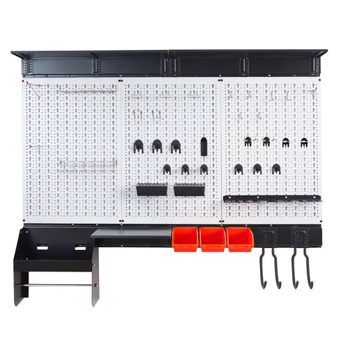 Front view of Pegboard Wall Organizer Kit 48x36 Inch Heavy Duty Metal Pegboard With Toolboard And 105-Piece Hook Set, Overhead Shelf