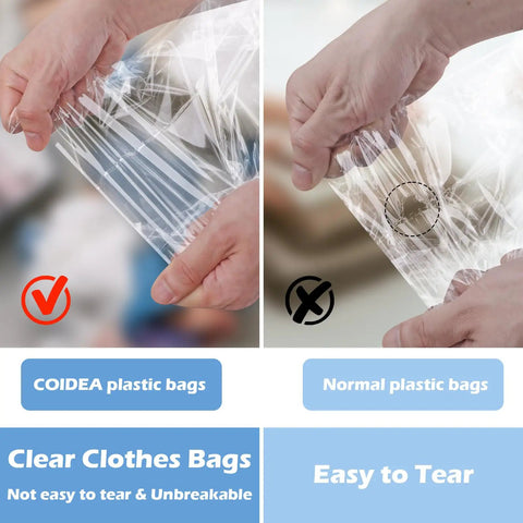 Comparison of COIDEA plastic bags and normal bags; COIDEA bags are unbreakable and tear-resistant, ideal for clear poly bags for clothes.