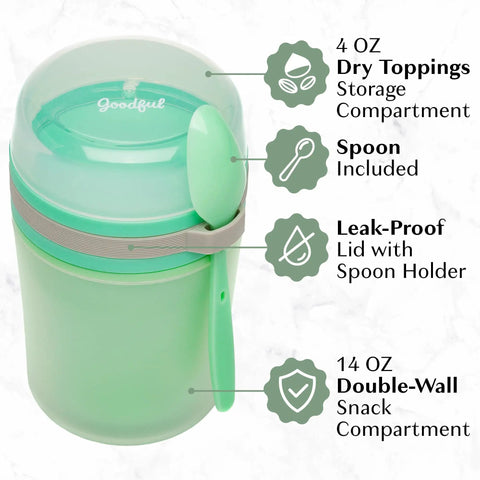 Double Wall Insulated Yogurt Container With Spill Proof For Real Lid Green Snack Cup Holding A Reusable Spoon Microwave Safe 14 Ounce