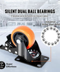 Heavy Duty 3 Inch Swivel Plate Casters Set Of 4 With Secure Ab Locking Mechanism And Non Marking Pvc Wheels Rated At 250 Lb Each showing silent dual ball bearings.