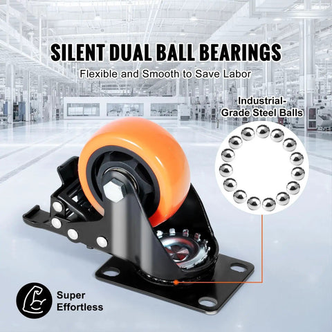 Heavy Duty Three Inch Swivel Caster Set With Slick Rolling Non Marking Pvc Wheels Dual Ball Bearings Built Tough Ab Lock Brakes And Reinforced Carbon Steel Plates showing silent dual ball bearings and orange wheel.