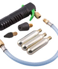 CO2 Powered AC Drain Line Cleaner And Leak Sealant Injector Gun All In One For Unclogging Condensate Drains And Direct Injecting Leak Sealants And Additives Includes 3 CO2 Cartridges A Simple No Fuss Home HVAC Maintenance Tool with components and hose displayed