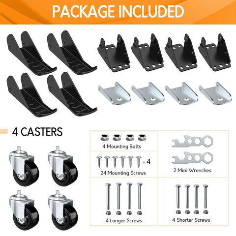 Package contents of Heavy Duty Retractable Workbench Casters Set Of 4 Side Mount 3 Inch Stepdown Castor Wheels with installation template
