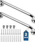 Two Pack 18 Inch Stainless Steel Shower Grab Bars For Tub And Shower Built Tough Up To 500 Lbs Rust Resistant Bath Handrails Non Slip Grip Easy Install shown with mounting hardware and 2-pack tag.