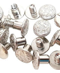 Chic Floral Nickel Brass Screw Pack For Leather Crafting And Diy Builds Sweet Decorative Fastener Kit With Clean Lines No Sweat Hardware Tools Top Shelf Leathercraft Gear, detailed view of screws with floral heads.