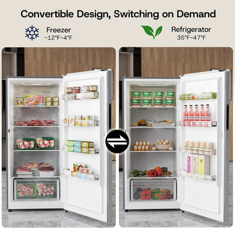 Top Shelf 14 Cubic Foot Upright Freezer With Convertible Fridge Design showing freezer and refrigerator options with food items.