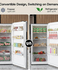 14 Cubic Feet Upright Freezer Convertible Freezer Fridge Featuring Smart Digital Interface And True Frost Free Design, showing freezer and fridge configurations.