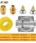 Aupoko gas pressure regulator kit: silver regulator body, two brass 1/2in NPT adapters, yellow seal ring