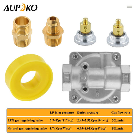 Aupoko gas pressure regulator kit: silver regulator body, two brass 1/2in NPT adapters, yellow seal ring