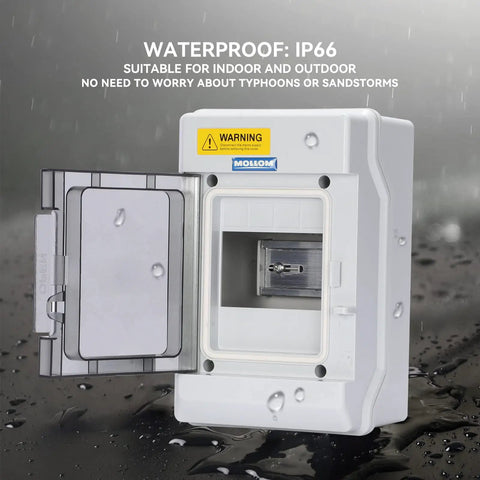 Front view of Four Way Power Distribution Box With Bus Bars And Din Rail For MCB Waterproof IP66 Enclosure.