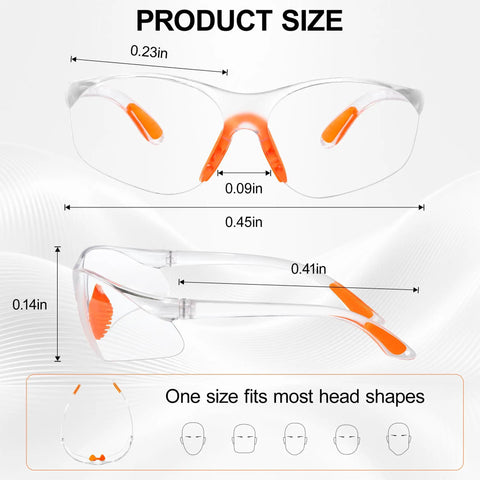 Product size chart for Kickass Bulk Anti Fog Safety Glasses With Impact Resistant Polycarbonate Lenses And Heavy Duty Anti Scratch Coating.