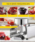 Premium 220 Stainless Steel Commercial Electric Food Strainer And Press Machine For Puree, Sauce, And Juice Making on a countertop with jars of jam.