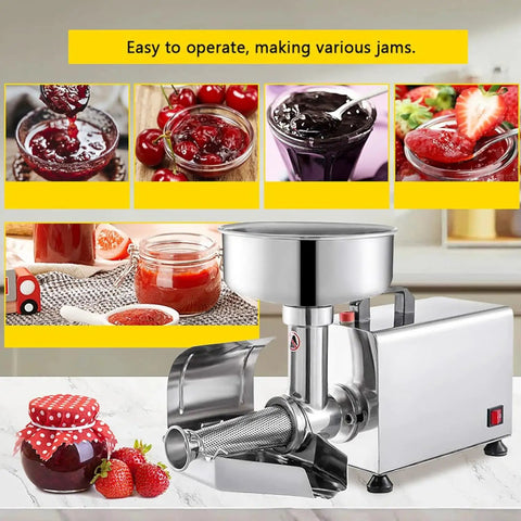Premium 220 Stainless Steel Commercial Electric Food Strainer And Press Machine For Puree, Sauce, And Juice Making on a countertop with jars of jam.