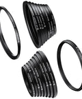 9 Piece Step Up Ring Set And 9 Piece Step Down Ring Set Camera Lens Filter Adapter Kit with metal rings, various sizes shown