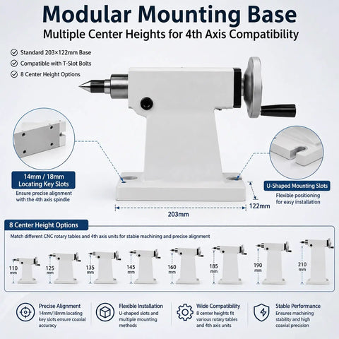 Modular mounting base for 4th axis featuring 8 center height options, precise alignment, suitable for Tailstock MT3 Pro Grade 50mm Travel
