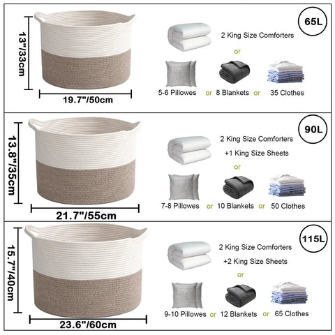 65L Large Woven Cotton Rope Laundry Basket with Reinforced Handles No Snag Edges next to size comparison chart with other baskets.