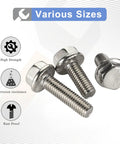 Stainless Steel Flanged Hex Bolts 1/4-20 X 3/4 Inch DIN 6921 A2-70 25 Piece Set, showcasing corrosion resistance and high strength.