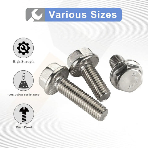 Stainless Steel Flanged Hex Bolts 1/4-20 X 3/4 Inch DIN 6921 A2-70 25 Piece Set, showcasing corrosion resistance and high strength.