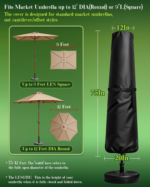 Patio Umbrella Cover For 9 To 12 Ft Market And Patio Umbrellas Waterproof 420D Oxford Fabric With Storage Pouch Center Pole