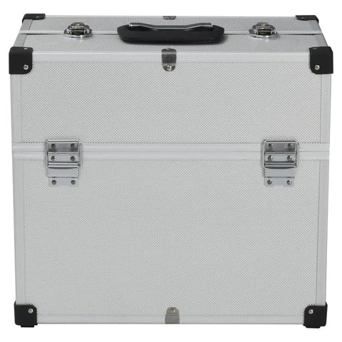 Sturdy Aluminum Tool Case with six extendable trays lockable portable organizer silver storage box front view