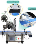 Automatic Flat Labeling Machine With Desktop Conveyor For High Speed Sticker Application, showing label smoothing brush and components.
