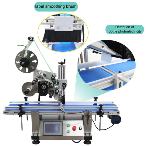 Automatic Flat Labeling Machine With Desktop Conveyor For High Speed Sticker Application, showing label smoothing brush and components.