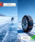 Solid Hella Grip Twelve Piece Car Snow Tire Chains With Spiral Anti Skid Traction Straps, shown on snowy surface.